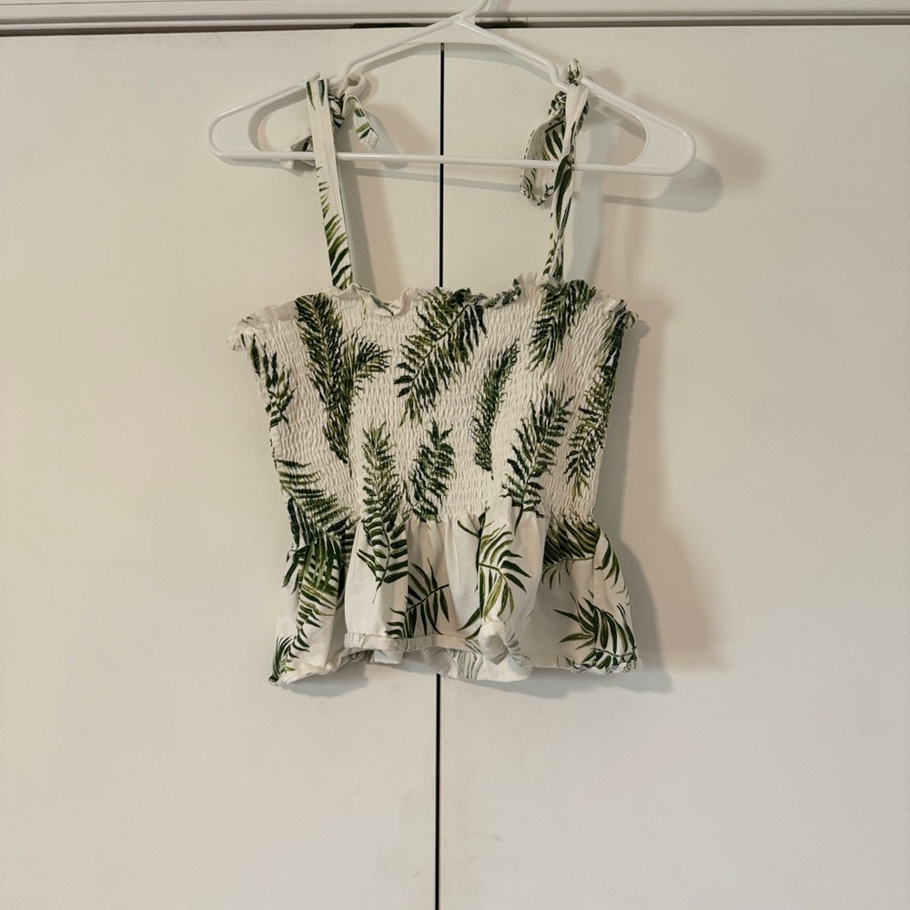 H&M Leaf Print Smocked Top - Green & White